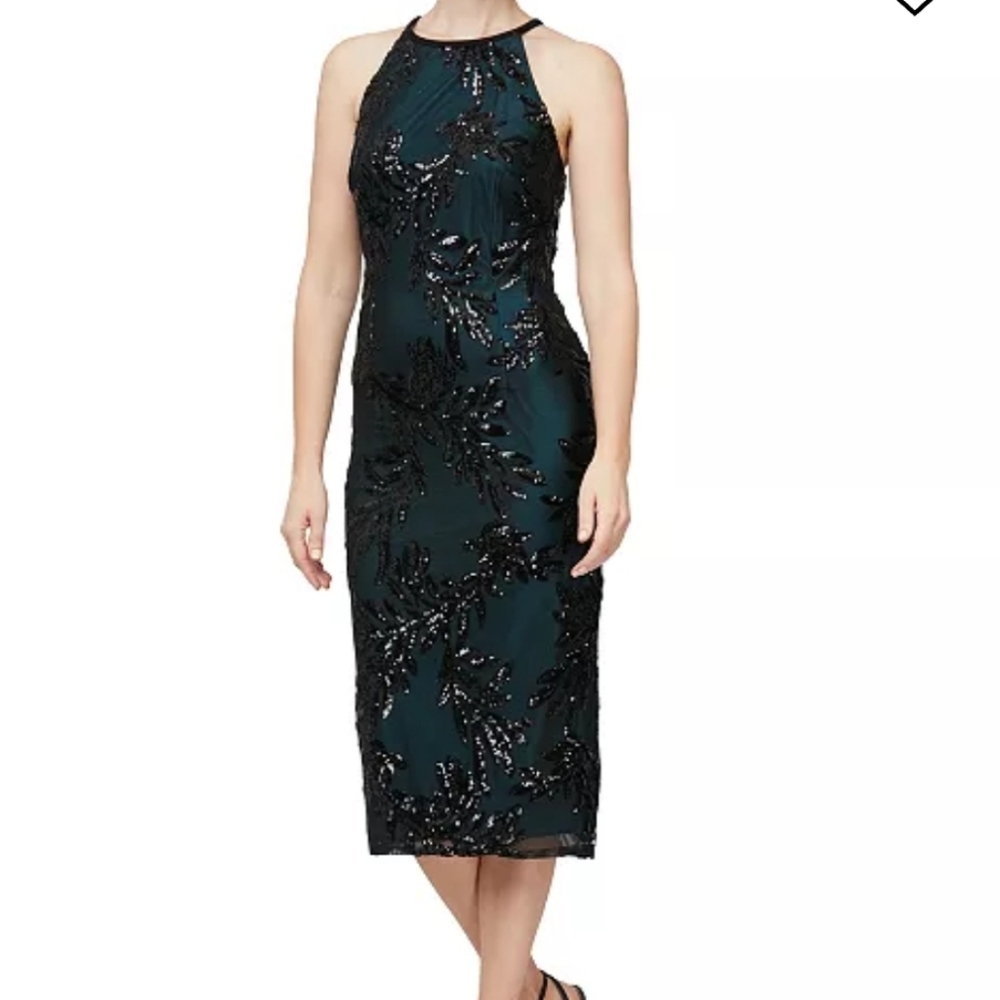NWOT Alex & Eve sequined razorback halter neck midi sheath floral dress sz 10 - Picture 2 of 12